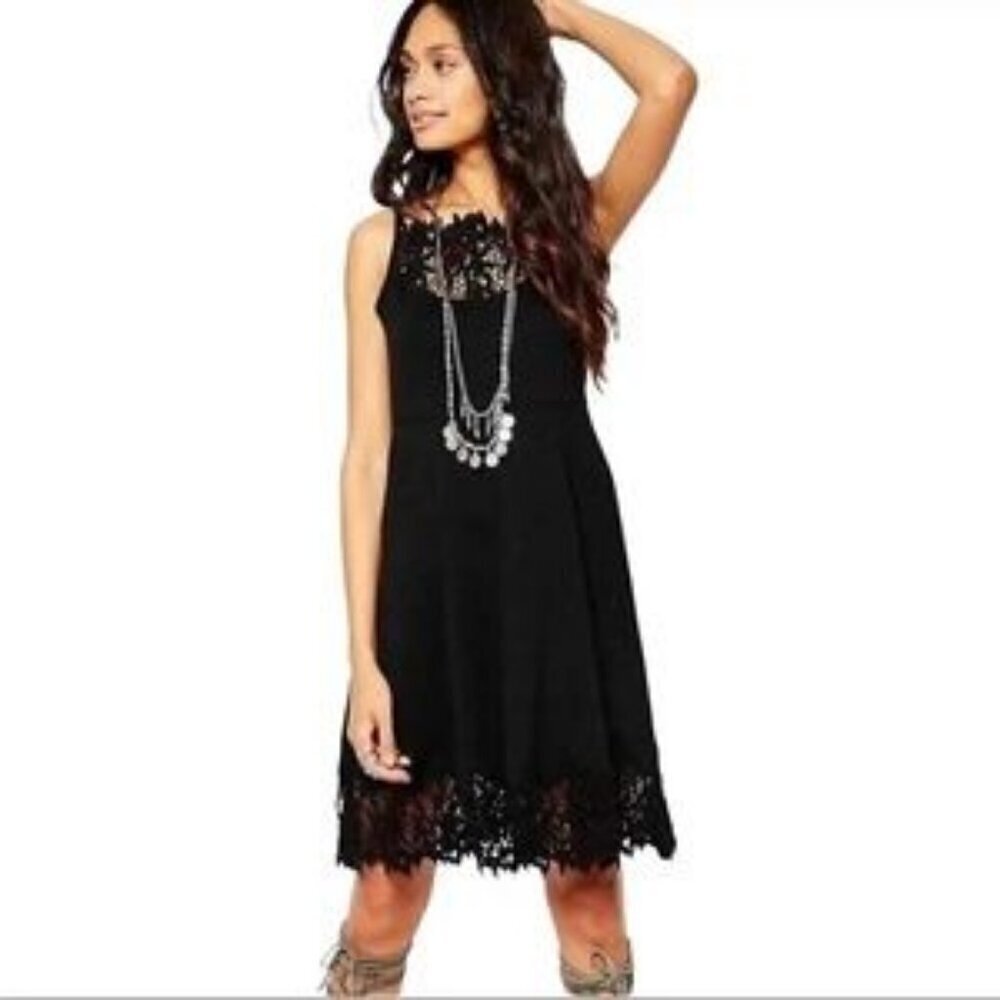Vintage Free People Black Jersey Crochet Whimsigoth Fairy Grunge Sheath Dress